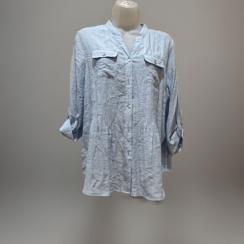Ruby Rd Shirt Women's M Petite Medium Button Front Tab Sleeves Light Blue Blouse